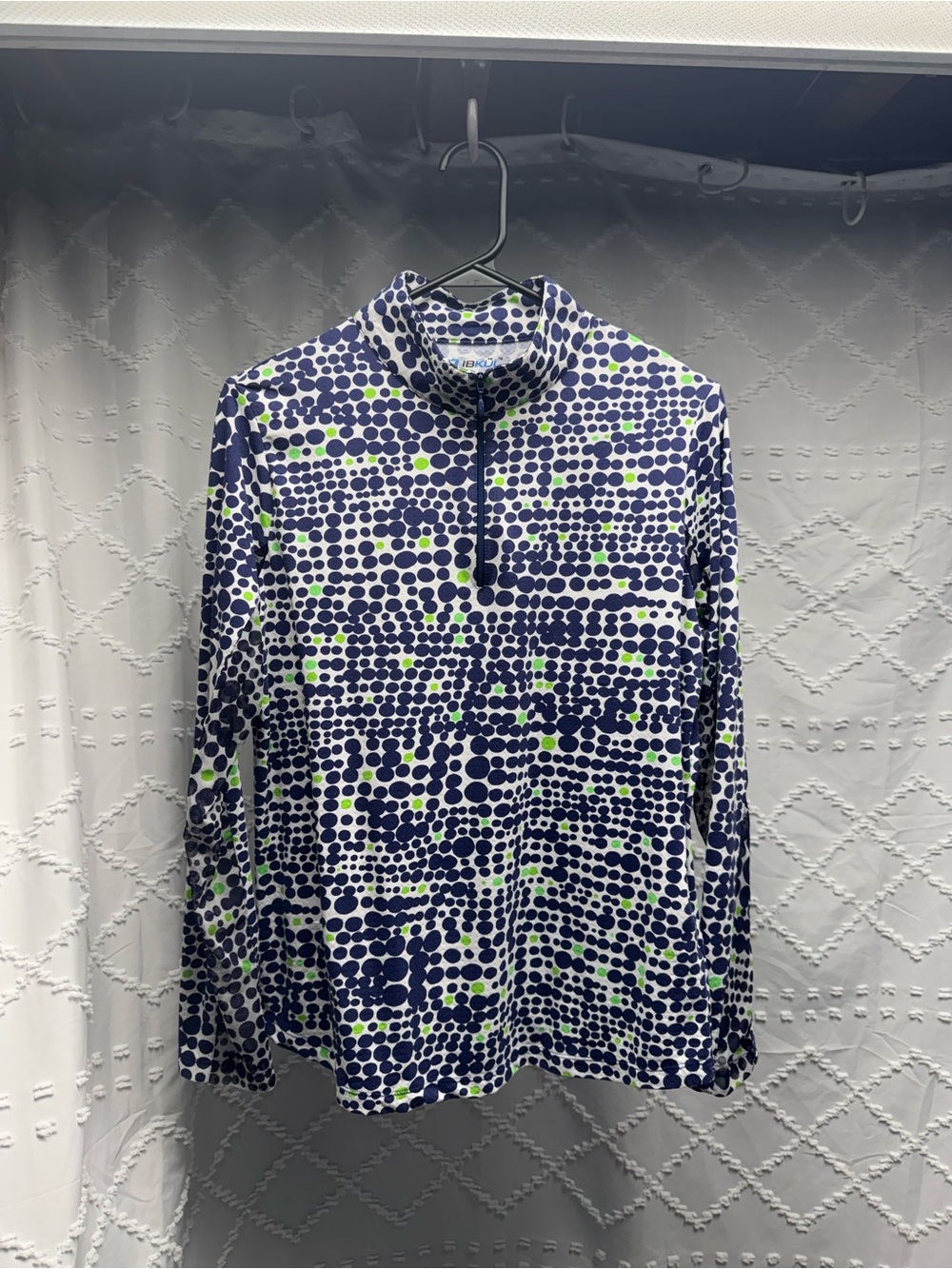 IBKUL Navy and Lime Dot-Print Long-Sleeve Quarter-Zip Top